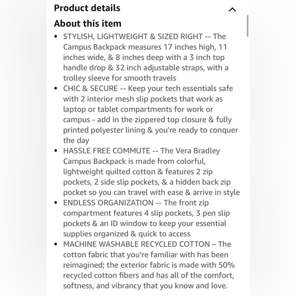 VERA BRADLEY PURPLE QUILTED CAMPUS BACKPACK - Picture 10 of 10